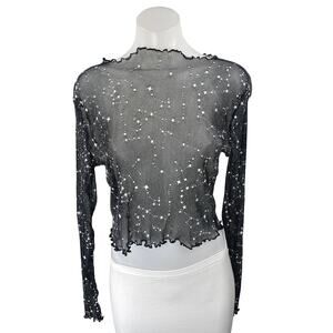 Women's Black Star Embellished Long Sleeve Mesh Sheer Crop Blouse Cover Up Top S